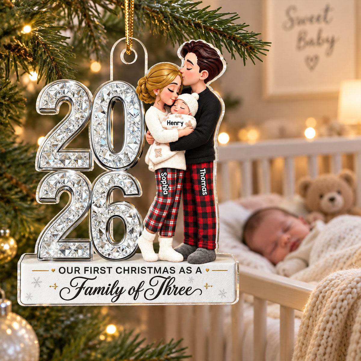 Our First Christmas As Family Of Three Custom Year 2D Flat Printed - Personalized Acrylic Ornament - Christmas Tree Keepsake For New Parents
