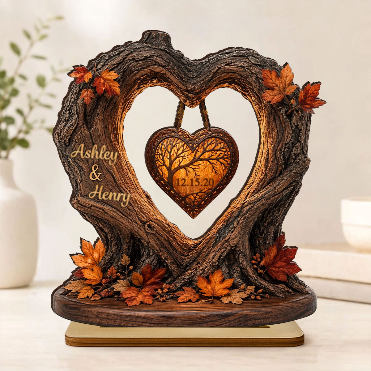 Couple Fall Season Heart Tree - Personalized 2-Layered Wooden Plaque - Anniversary Gift for Her, for Him