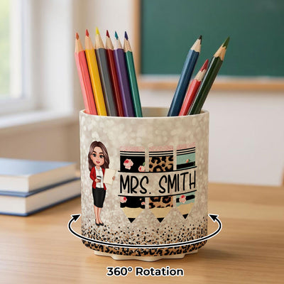 Teacher Leopard Rainbow Personalized Rotating Pen Holder, Teacher Appreciation Gift, Back To School Gift