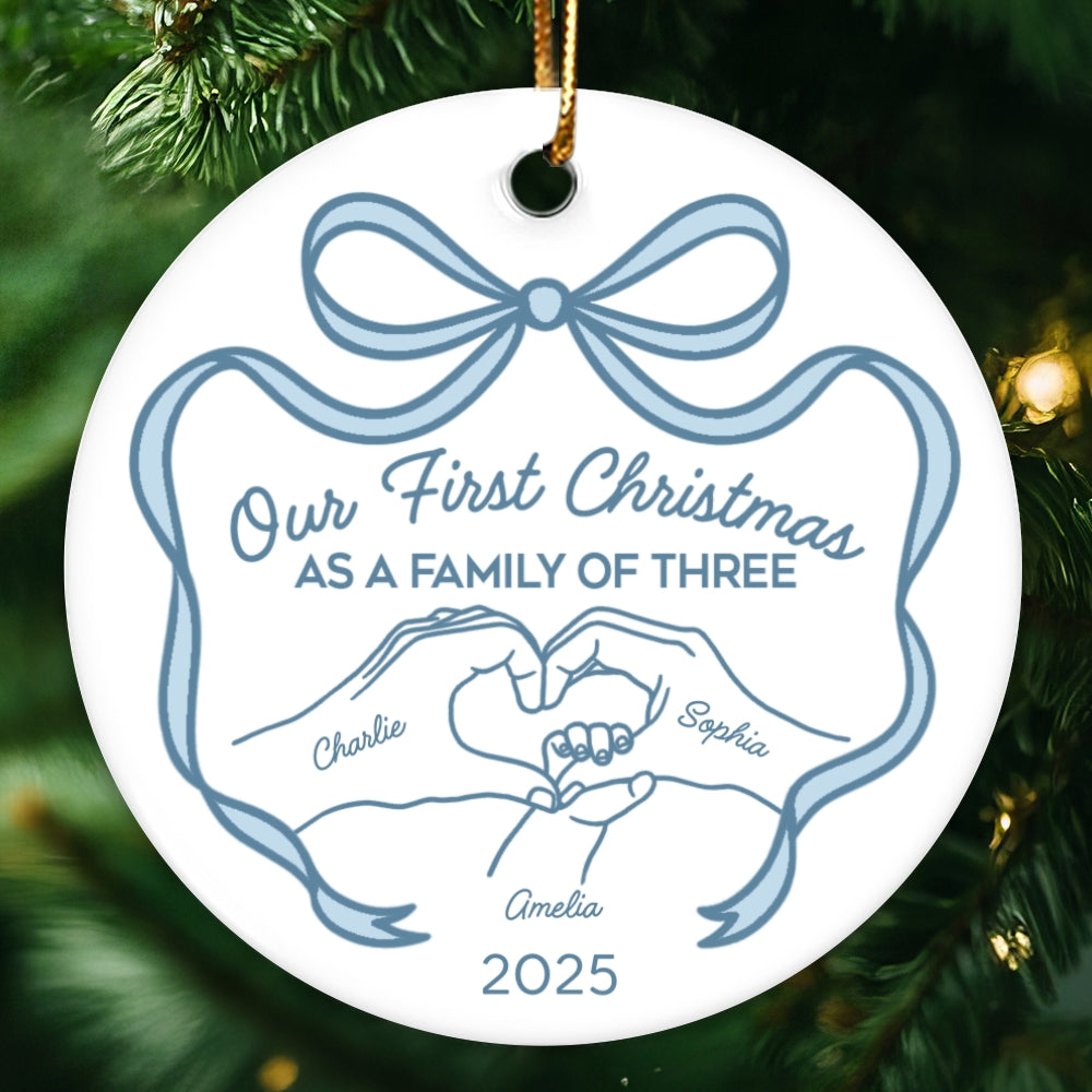 Family Heart Hand First Christmas As Family Of Three Christmas Personalized Ceramic Ornament