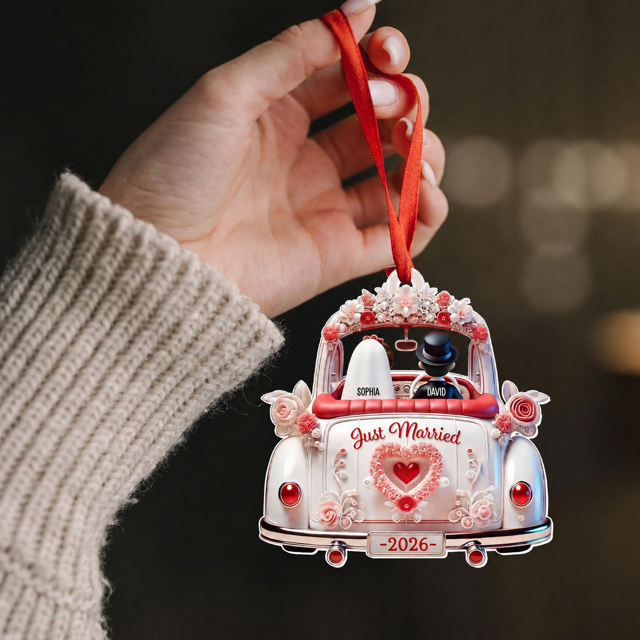 First Christmas Married Couple In Wedding Car Personalized Acrylic Ornament, Unique Christmas Gift For Newlyweds