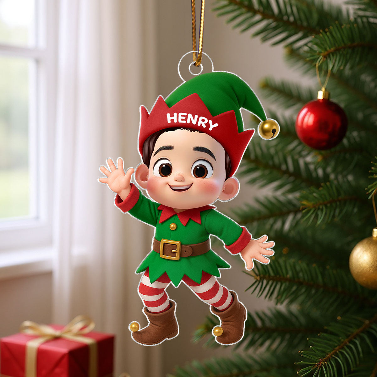 Cute Kid Christmas Elf Costume Personalized Acrylic Ornament - Adorable Christmas Gift For Kids, Grandkids