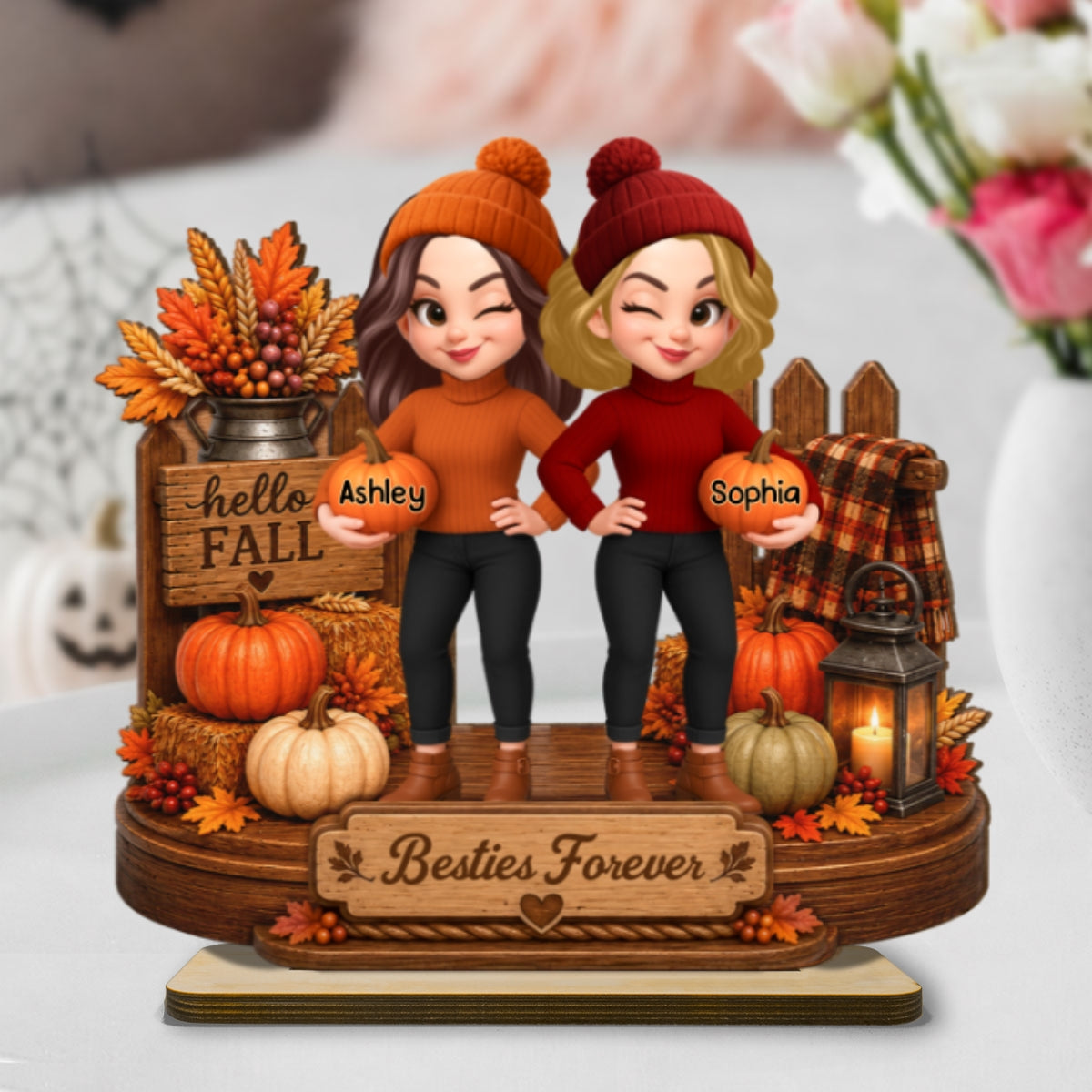 Besties Forever Fall Pumpkin Patch 2D Flat - Personalized Wooden Plaque - Cozy Fall Season Gift for Besties
