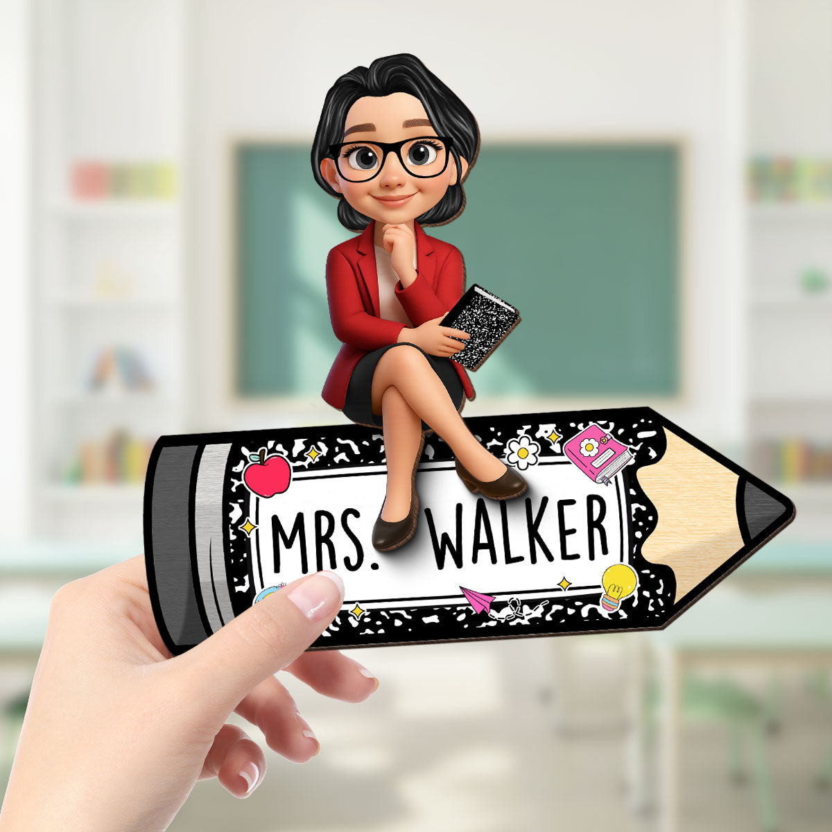 Teacher Sitting on Pencil Composition Book Pattern Personalized 2-Layered Wooden Plaque, Desk Decor for Classroom