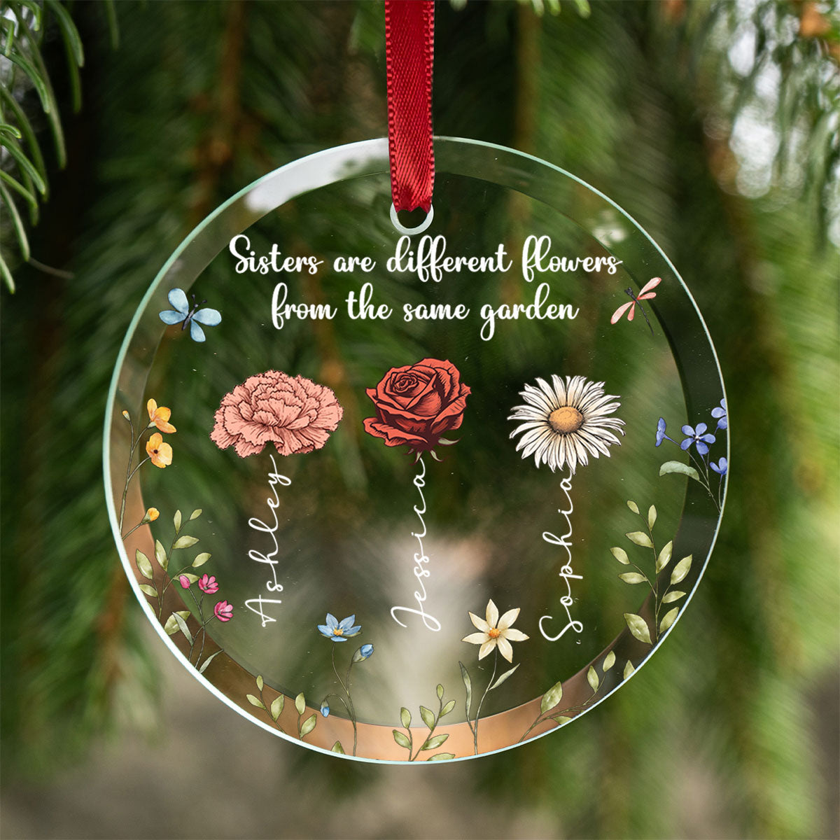 Sisters Are Different Flowers From The Same Garden Personalized Glass Ornament, Christmas Gift For Sisters, Siblings, Besties