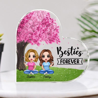 Doll Besties Sitting Under Pink Tree Personalized Acrylic Heart Plaque