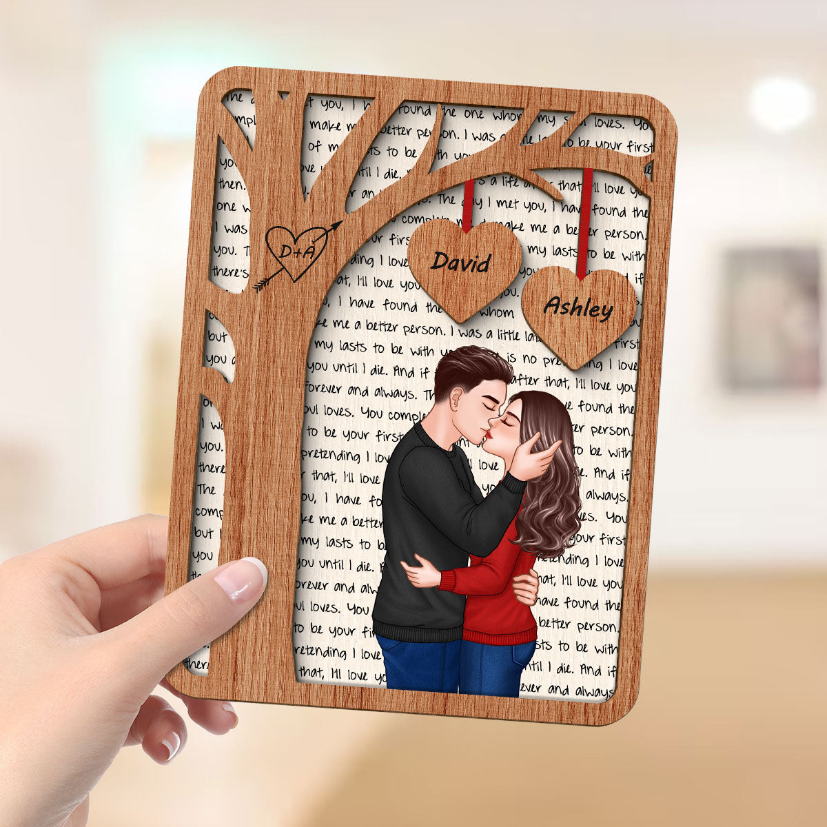 Romantic Couple Under Tree Letters Background Personalized 2-Layer Wooden Plaque