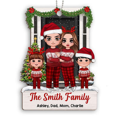 Doll Family Standing At Front Door Christmas Personalized Wooden Ornament