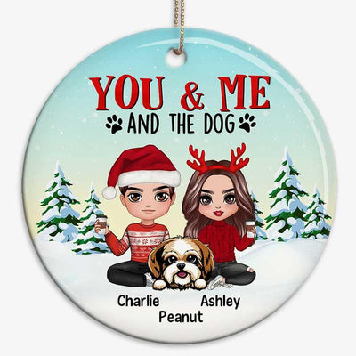 Couple And The Dogs Snow Pine Tree Personalized Circle Ornament