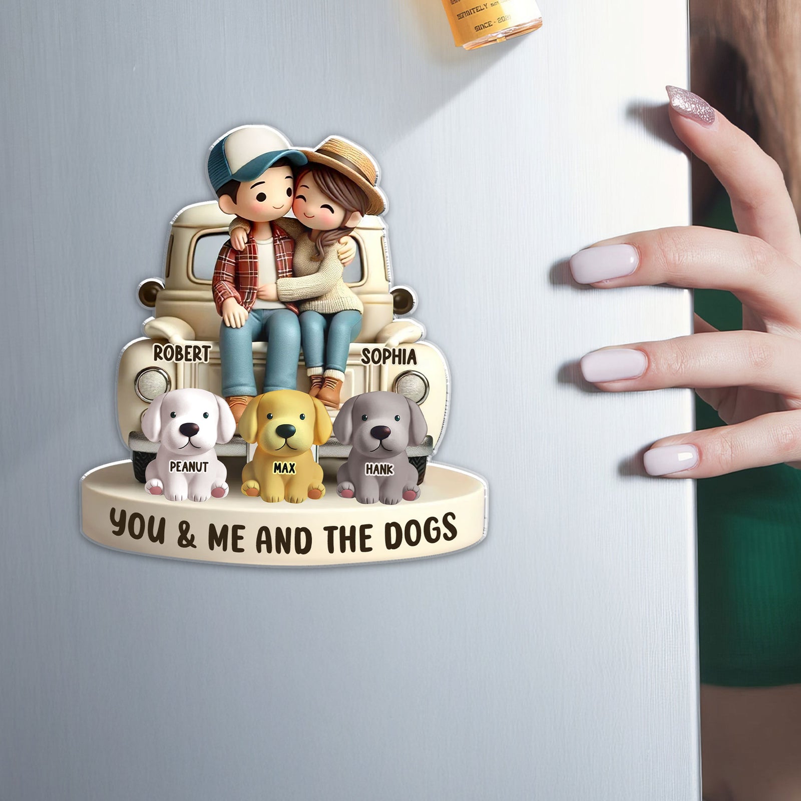 3D Effect Couple On Truck You Me And The Dog Cats Personalized Fridge Magnet, Heartfelt Gift For Couple, For Dog Lovers, Cat Lovers, Pet Lovers