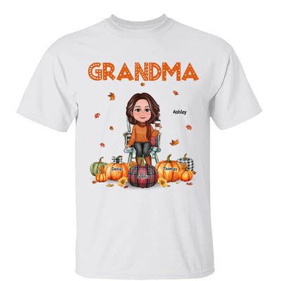 Fall Season Grandma Mom Sitting On Chair Pumpkins Personalized Shirt