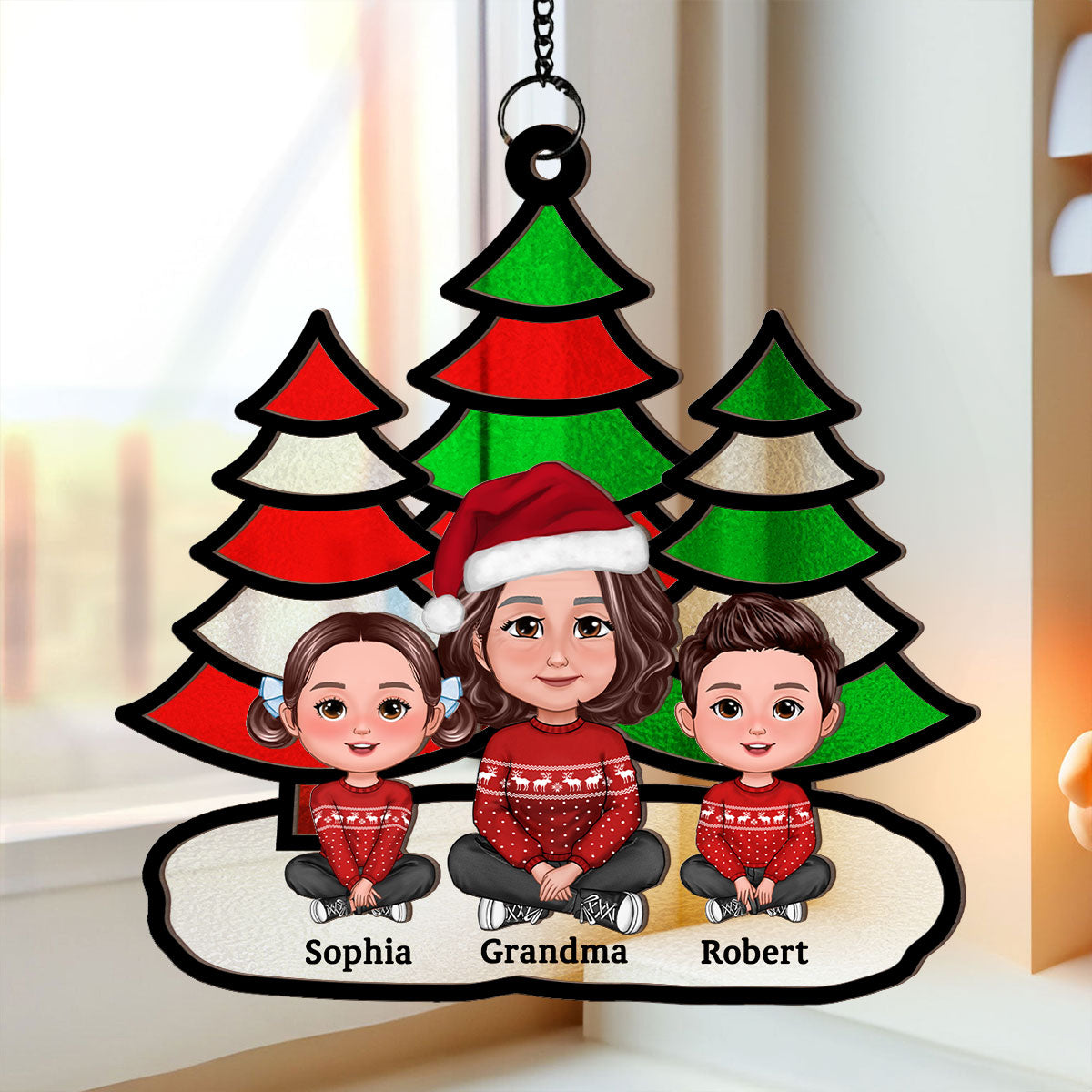 Christmas Trees Grandma Grandkids Sitting Personalized Suncatcher, Christmas Decoration