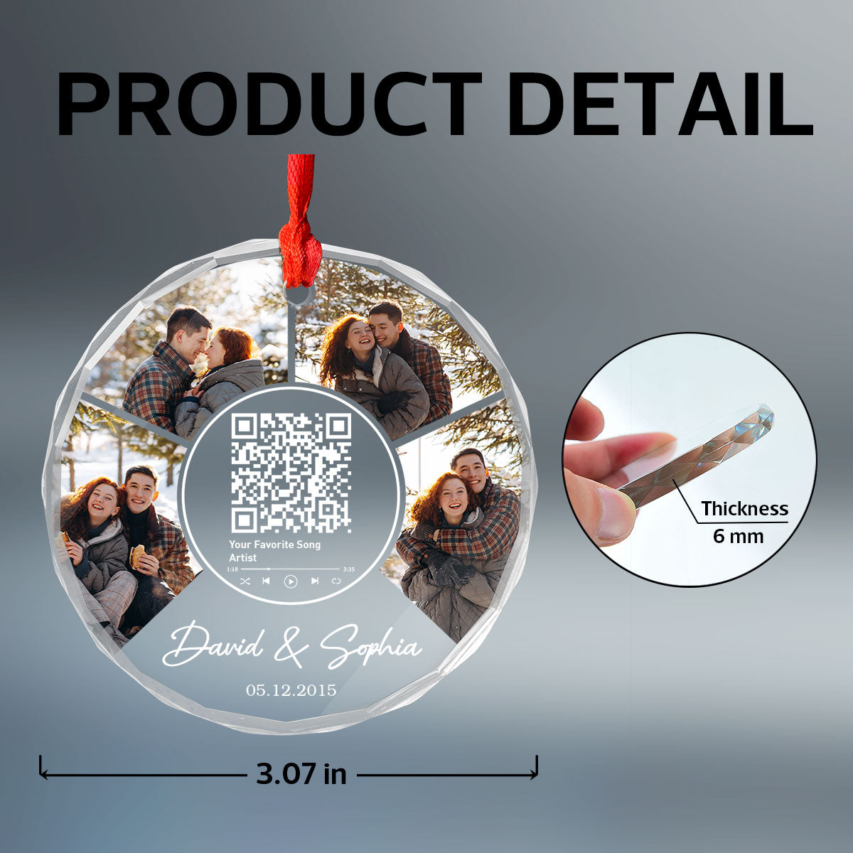 Couple Photo Custom Song Scannable QR Code, Personalized Glass Ornament