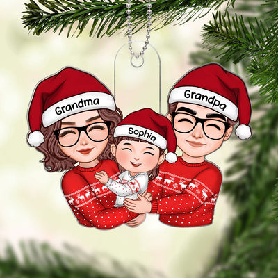 Cute Grandma Grandpa Hugging Kid Christmas Gift For Granddaughter Grandson Personalized Acrylic Ornament