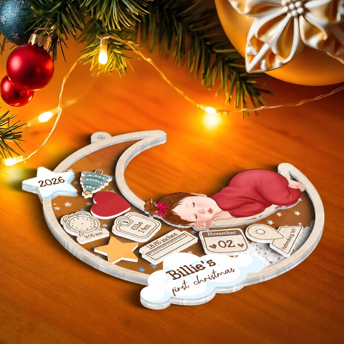 Baby Sleeping On Moon First Christmas Personalized 4D Shaker Ornament, Custom Newborn Gift