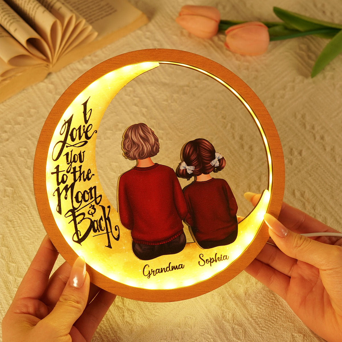Grandma & Grandkids I Love You To The Moon And Back Personalized 2-Layered Wooden Frame With LED, Mother's Day gift for Grandma