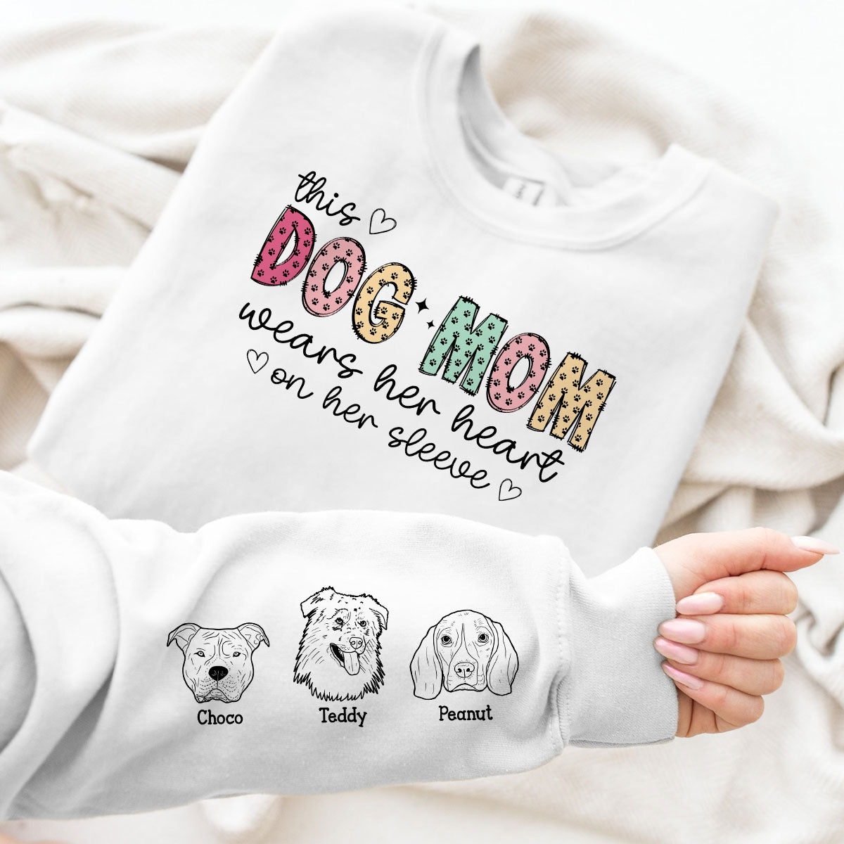 Paw Pattern, This Dog Mom Wears Her Heart On Her Sleeve, Custom Dog Name, Dog Mama, Personalized Sleeve Printed Sweatshirt