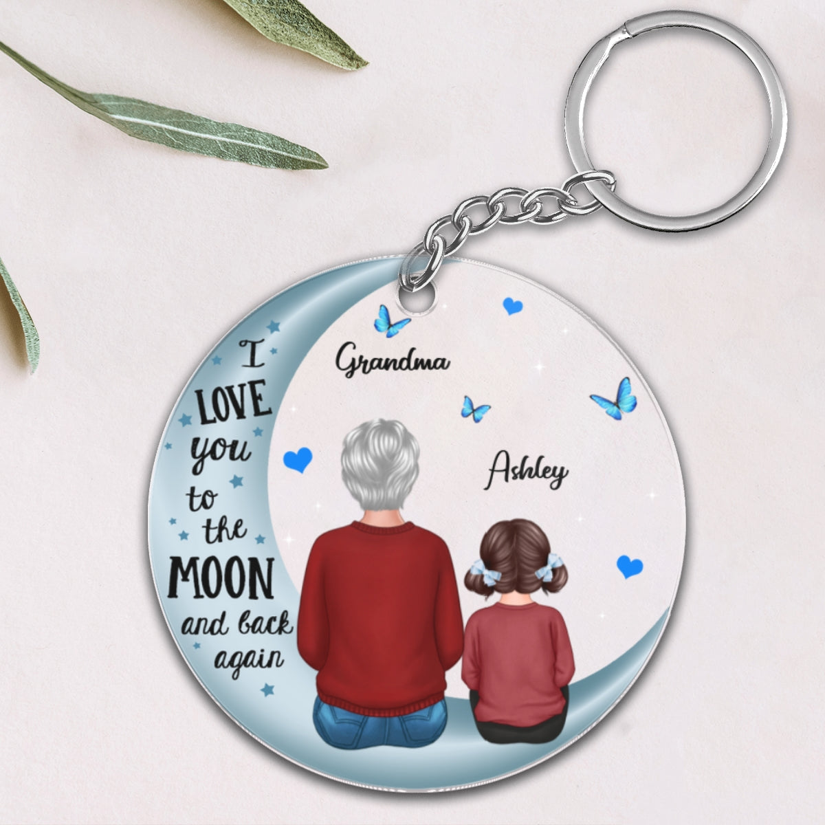 Grandma & Grandkids Back View On Blue Moon Personalized Acrylic Keychain