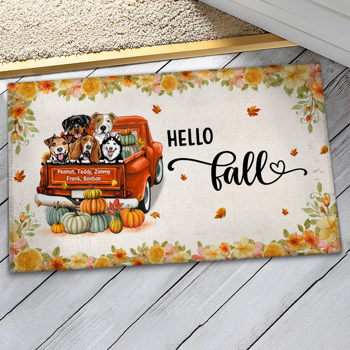 Hello Fall Dogs On Truck Personalized Doormat