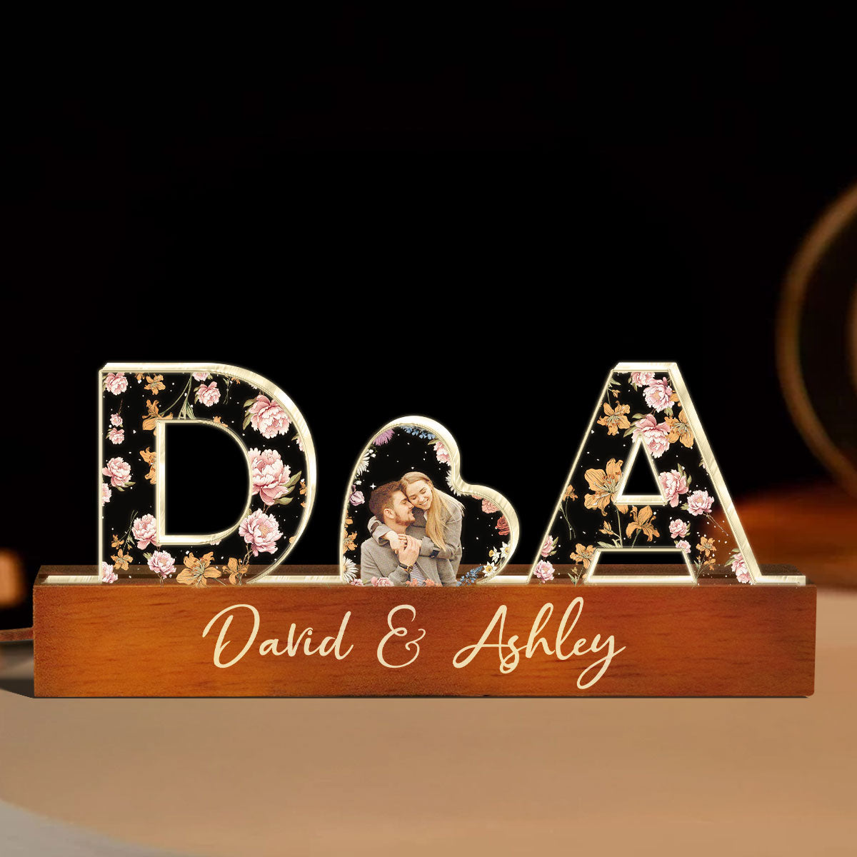 Initial Letters Couple Birth Month Custom Flower Printed LED Night Light, Anniversary  Gift for her & for him, Photo Upload