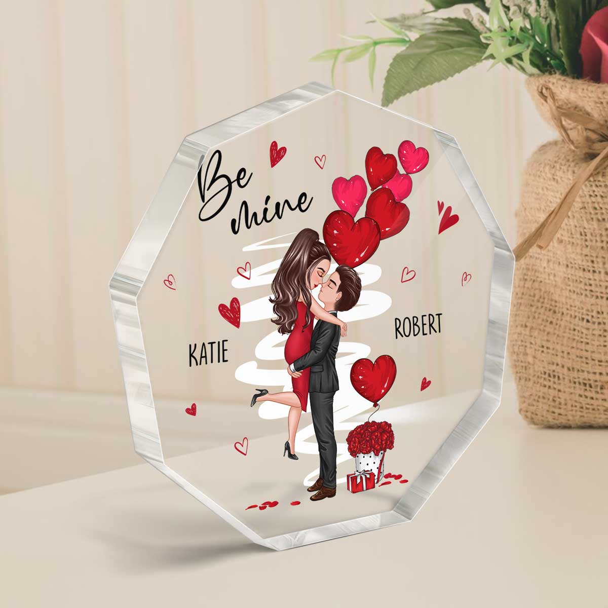 Be Mine Doll Couple Kissing Personalized Nonagon Acrylic Plaque - Gift For Him Gift For Her