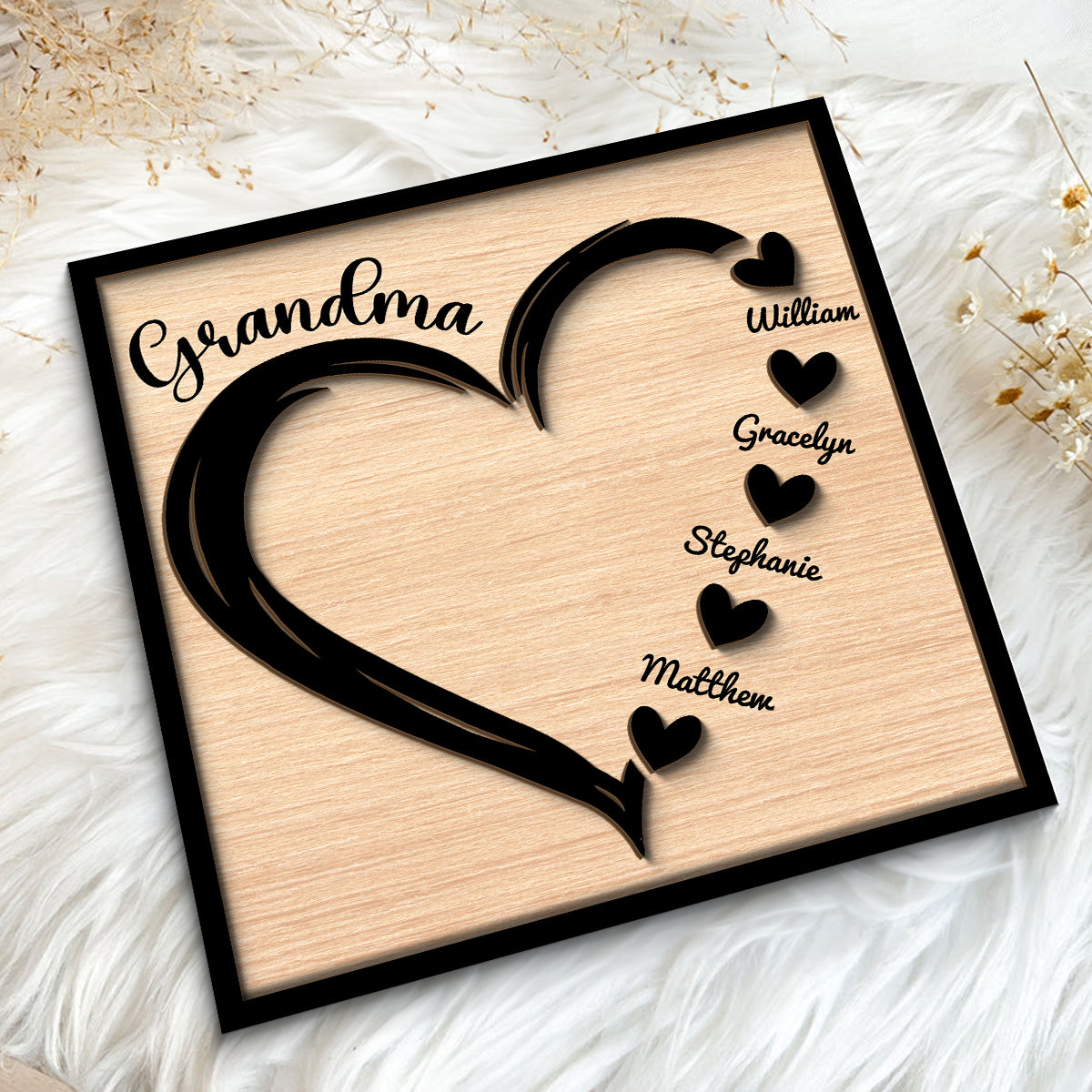 Grandma Mom Hearts With Kids Names Personalized 2-layer Wooden Plaque