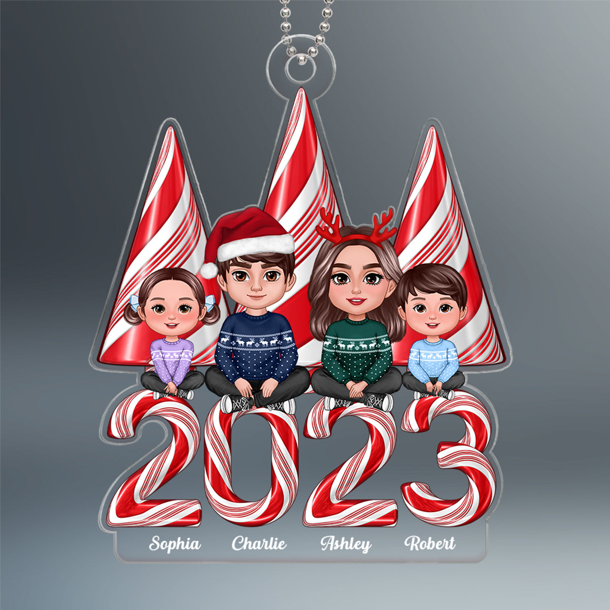 Family Crossed Legs Sitting Candy Cane Stripes Christmas Tree 2023 Personalized Acrylic Ornament
