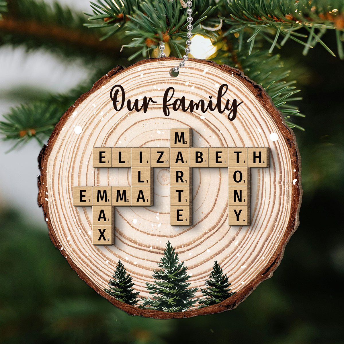 Christmas Tree Wood Pattern Family Names Puzzle Crossword Personalized 2-Layer Wooden Ornament, Christmas Gift For Family