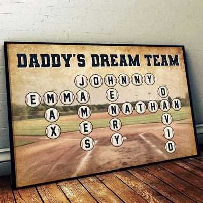 Baseball Daddy's Team Crossword Puzzle Art Personalized Poster