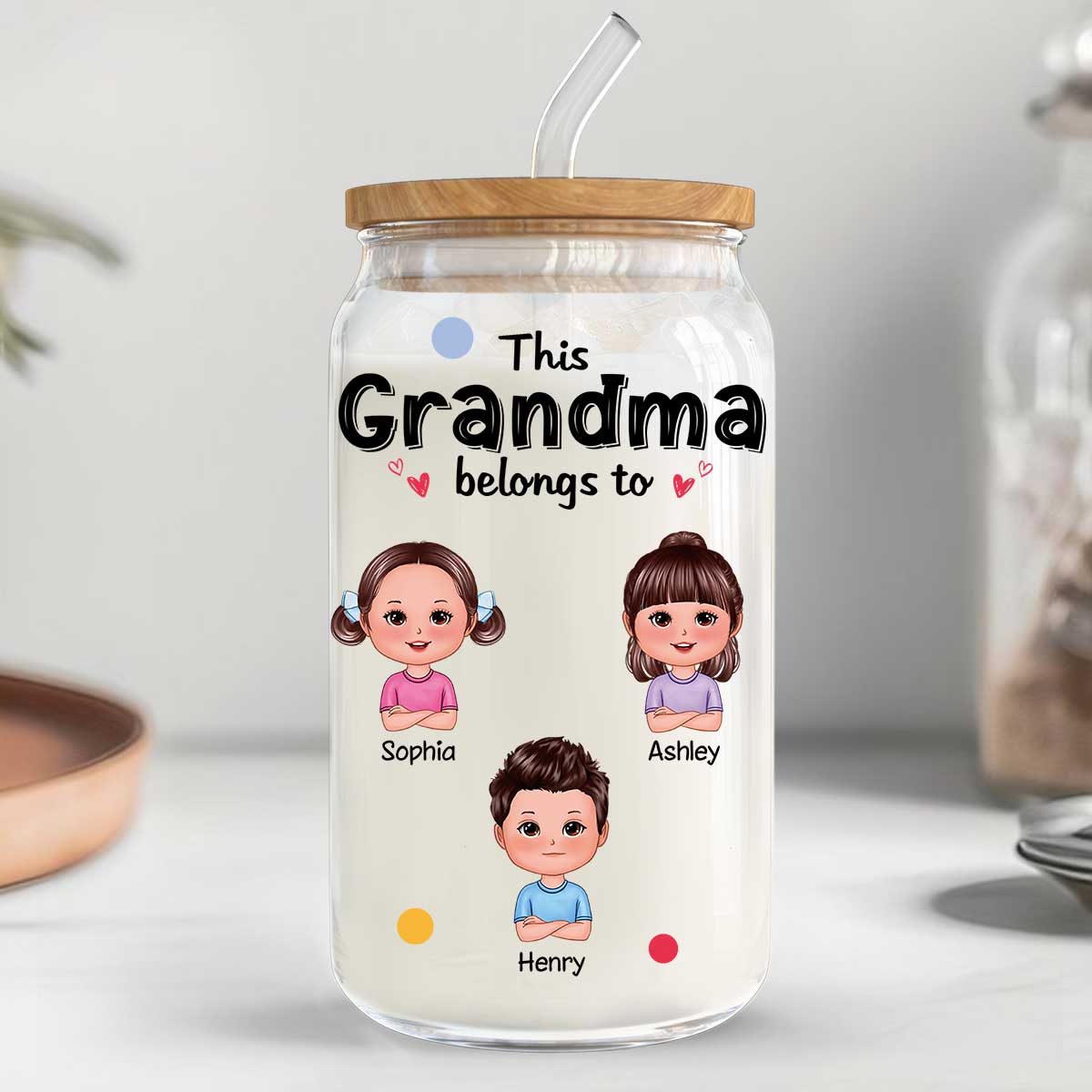 This Grandma Mom Belongs To Cute Kids Personalized Clear Glass Can
