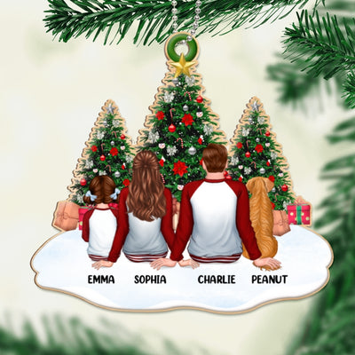 Pajamas Family Sitting Under Christmas Tree Personalized Wooden Ornament