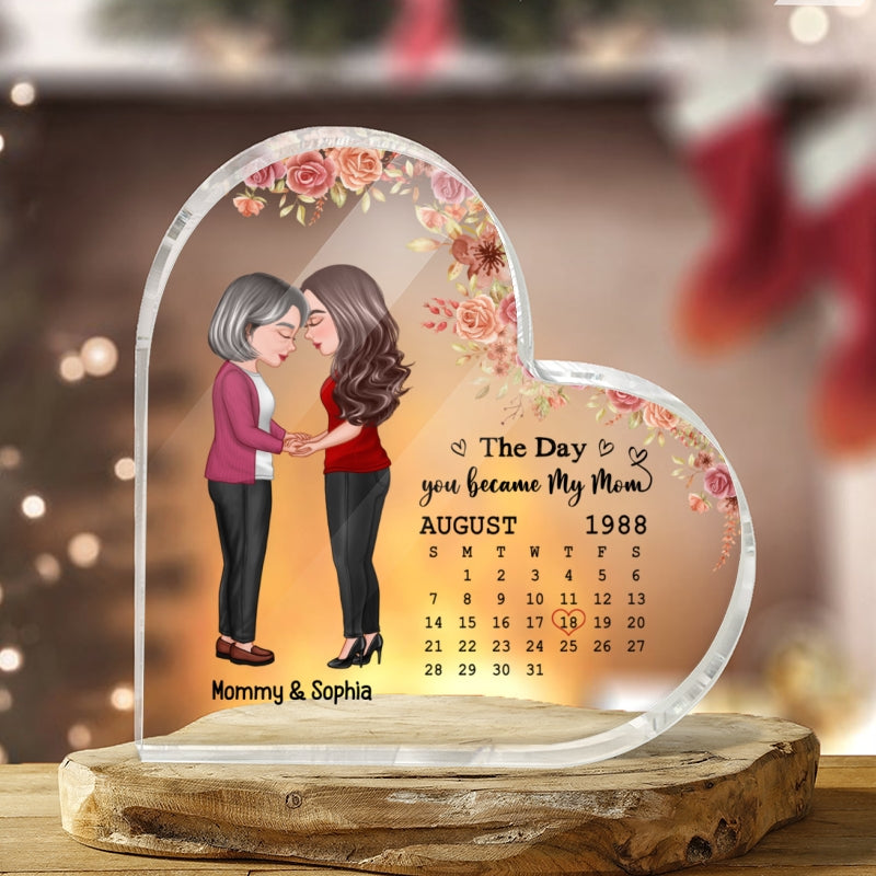 Mom Daughter Holding Hands Floral Calendar Date Personalized Acrylic Heart Plaque