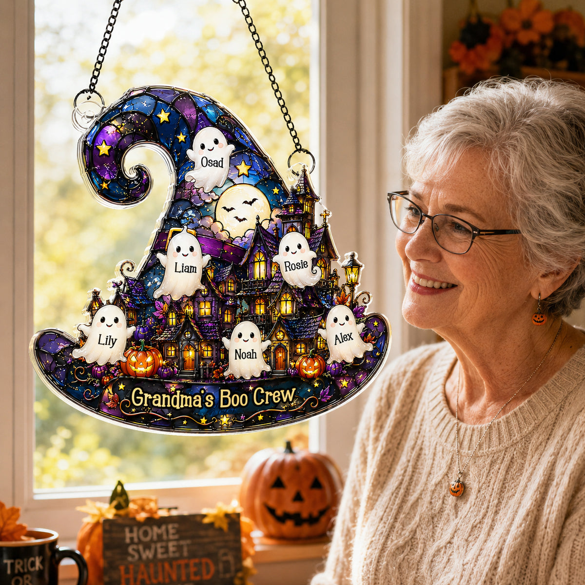 Halloween Village Witch Hat Grandma - Personalized Acrylic Window Hanging - Halloween Decor Gift, Gift For Grandma