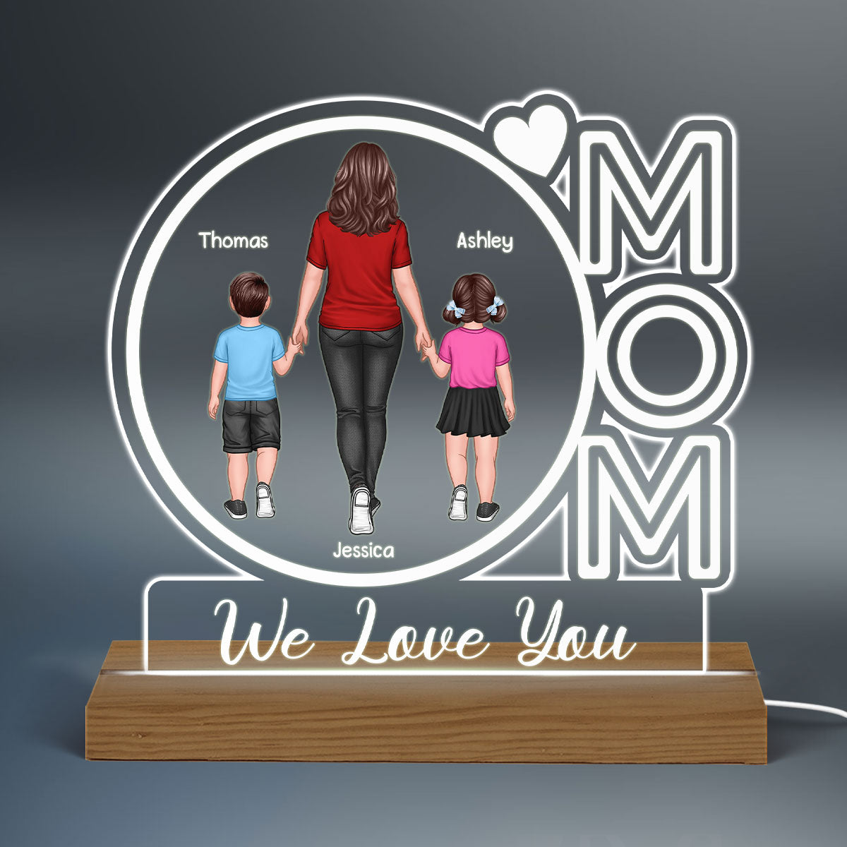 Mom We Love You Back View Walking Mom & Kids Personalized Custom Shape Acrylic Plaque With Warm LED Night Light