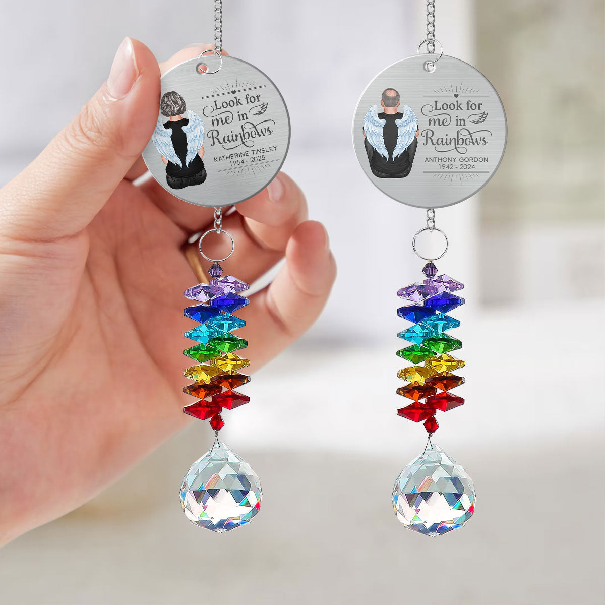 Family Memorial Look For Me In Rainbows Personalized Crystal Suncatcher With Aluminum Charm