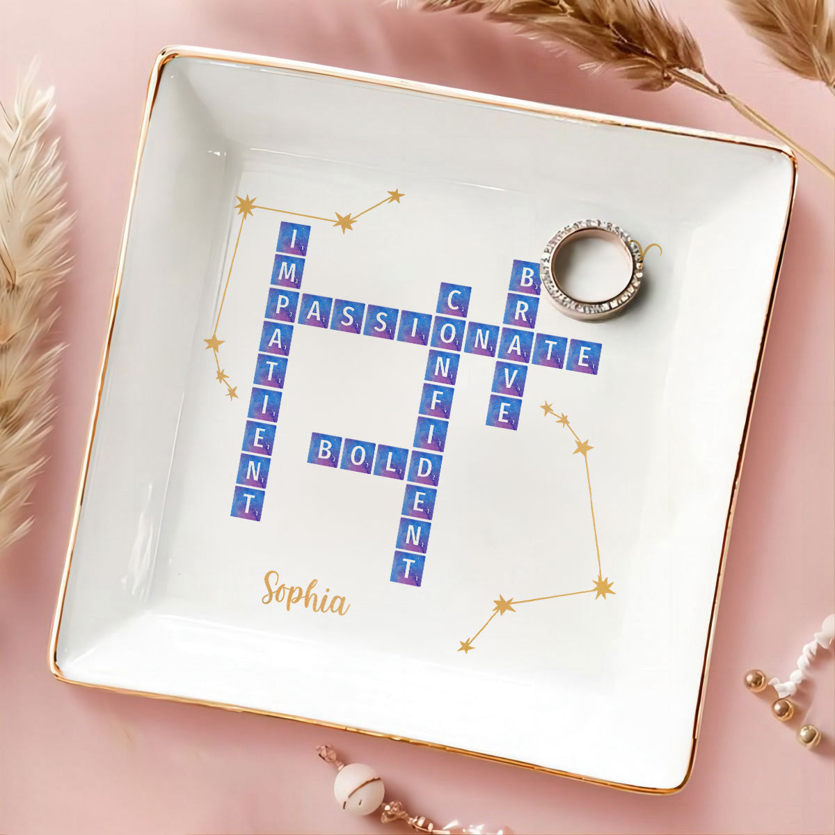 Zodiac Sign Crossword Astrological Personalized Jewelry Dish, Gifts For Friends, Daughter Birthday Gifts