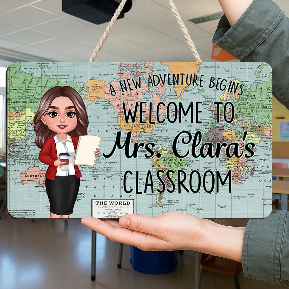 World Map Adventure Themed Welcome To Classroom Personalized Rectangle Door Hanger, Back To School, Classroom Decor