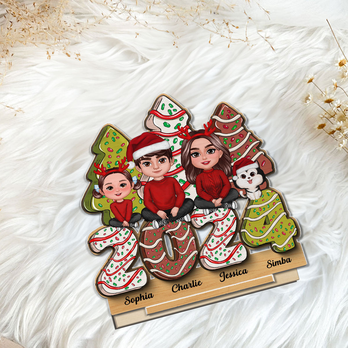 Family Crossed Legs Sitting Christmas Tree Cake Patterned Personalized 2-Layer Standing Wooden Plaque