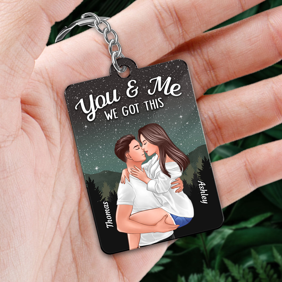 Man Holding Woman Kissing Under Stars Sky Forest Favorite Song QR Code Personalized Acrylic Keychain