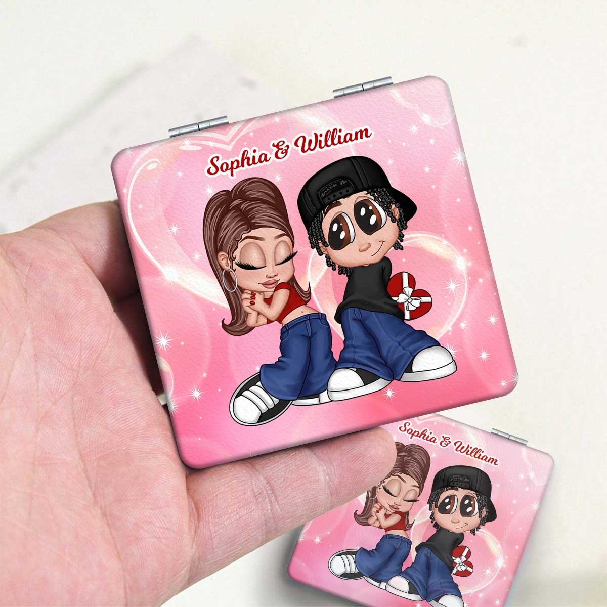 Y2K Couple Personalized Square Compact Mirror,  Gift For Him, For Her