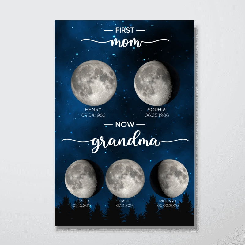 Galaxy Night First Mom Now Grandma Custom Birth Moon Phase Personalized Poster, Gift