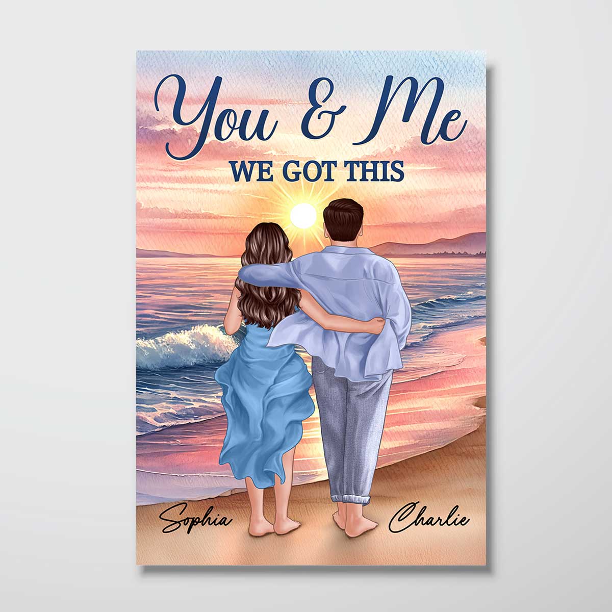 Back View Couple Embracing & Walking On The Beach Personalized Poster, Heartfelt Gift For Couple, For Him, For Her, Boyfriend, Girlfriend, Husband, Wife
