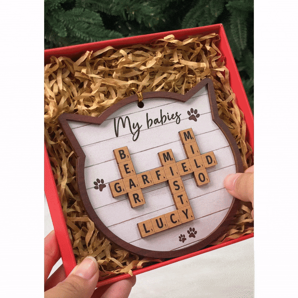 Cat Lover Gift Crossword Puzzle Art Personalized 2-Layer Wooden Ornament [Can add up to 20 cat names]
