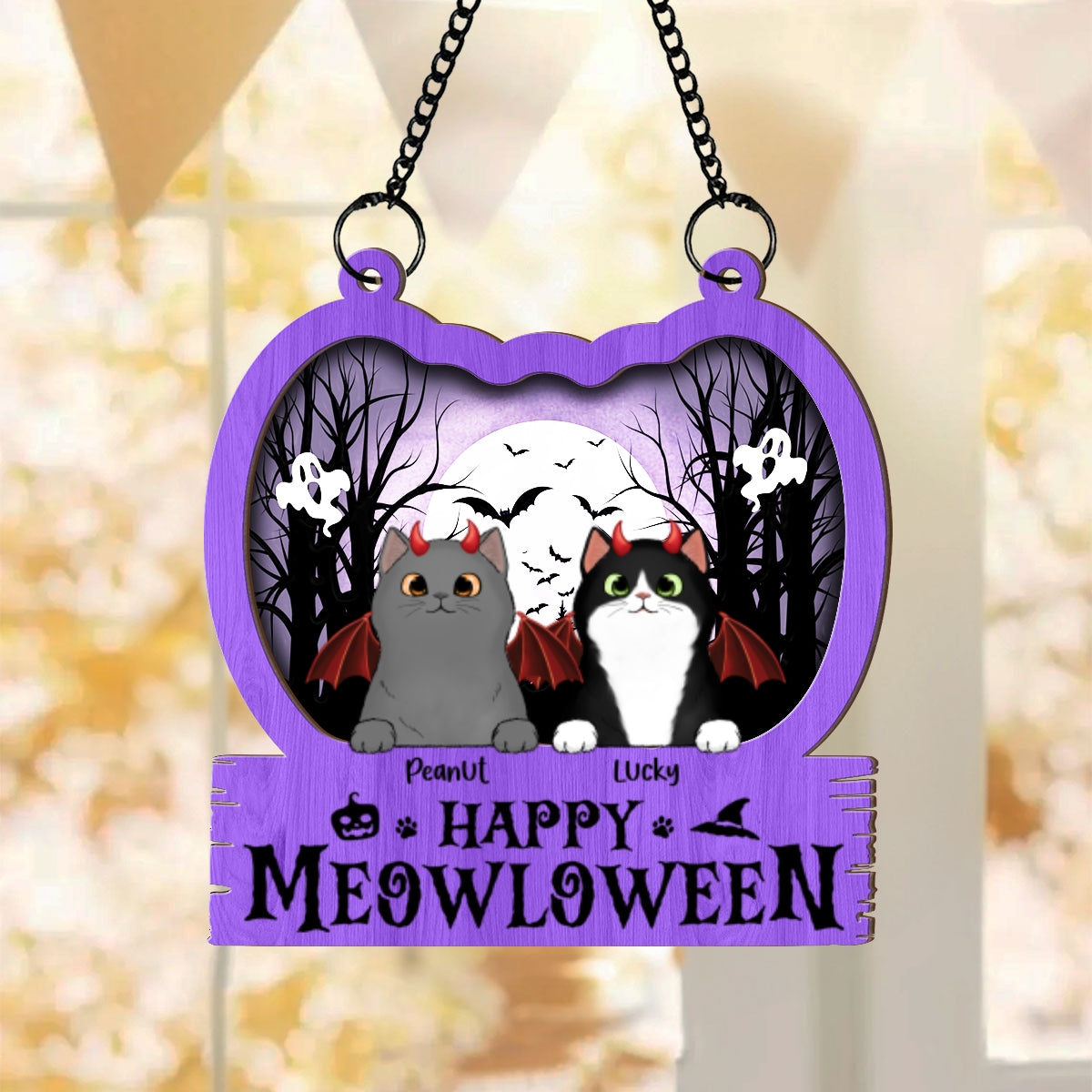 Halloween Cats In Pumpkin Personalized Suncatcher, Halloween Decor