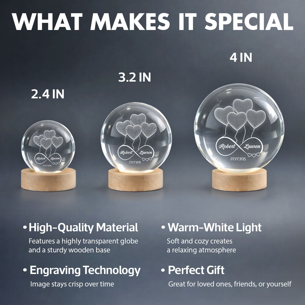 Couple Infinity Love Heart Balloon - Personalized Crystal Ball LED Night Light - Sentimental Gift for Her, for Him, Couple Keepsake