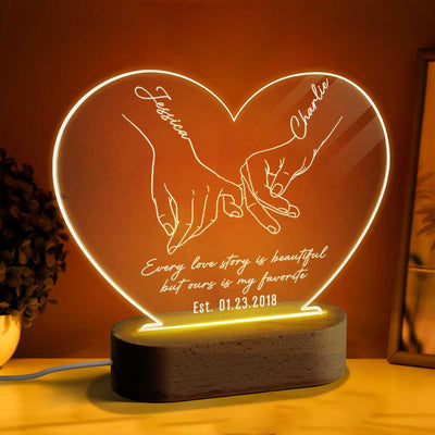 Simple Couple Name Hand In Hand Outline Personalized Heart Plaque with LED Night Light - Valentine‘s Day Gift - Anniversary Gift