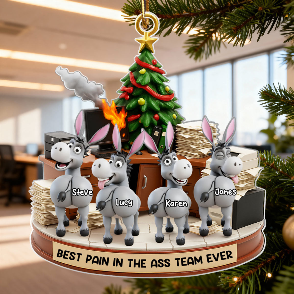 Best Pain in the Ass Team Ever, Donkey Coworker Office Decoration - Personalized Acrylic Ornament - Custom Employee Gift Exchange, White Elephant Gift