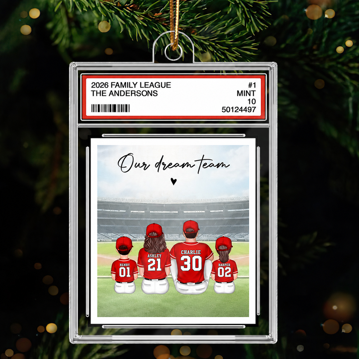 Baseball Family Sitting Couple & Kids Trading Card Style - Personalized Acrylic Ornament - Christmas Decor For Baseball Lovers