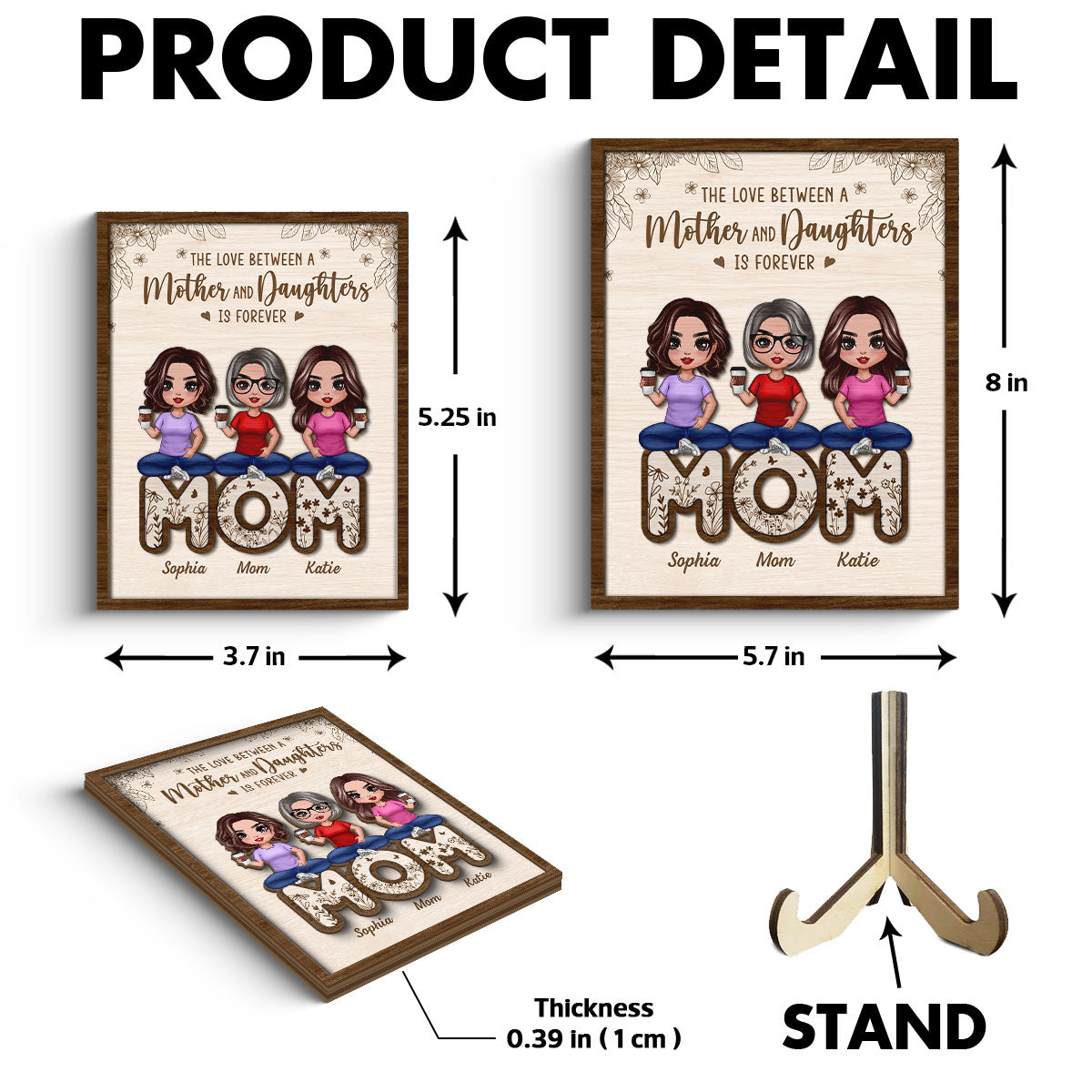 Mom And Daughters Sitting On Word Mother‘s Day Gift Personalized 2-Layer Wooden Plaque