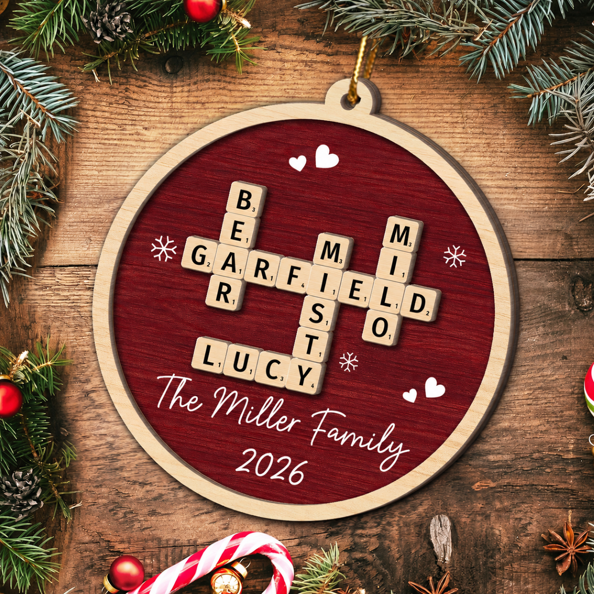 Family Name Crossword Puzzle Art - Personalized 2-Layer Wooden Ornament